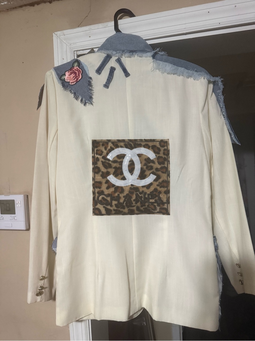Cream Blazer with Denim Patchwork & Pink Chanel Patches - Picture 2 of 2